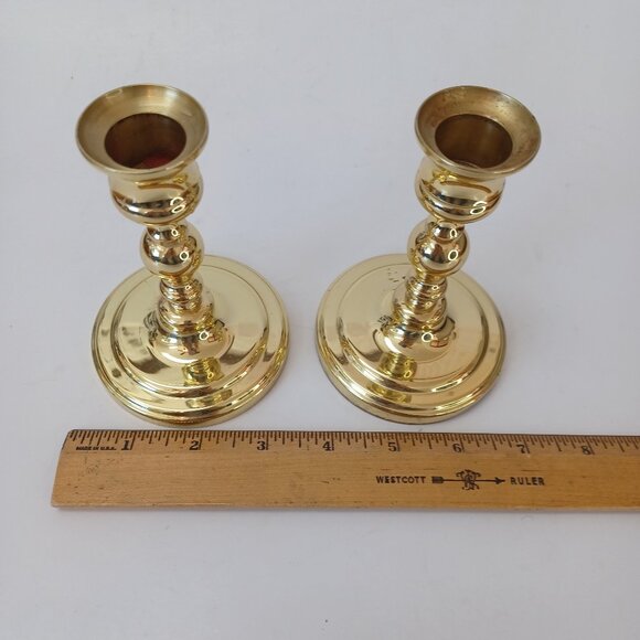 Baldwin Brass Candlesticks Holders 5" Height Vintage Set of 2 Round Base - Picture 3 of 9
